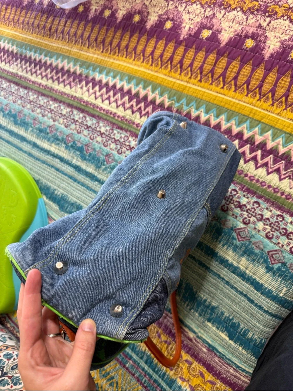 Vintage Y2K Von Dutch Denim Patchwork Bag with Orange Handles and Lime Trim